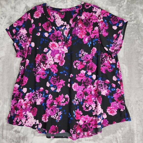 Torrid Top Womens 3X Pink Black Floral Gauze Short Sleeve Split V-Neck Cottage - Picture 2 of 8